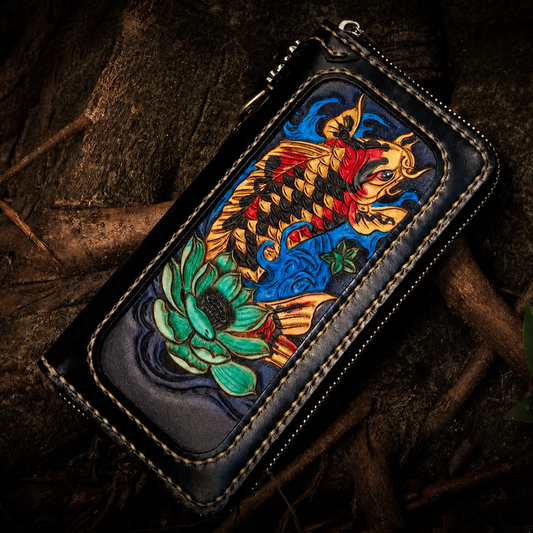 Hand-carved fortune koi leather biker wallet front view