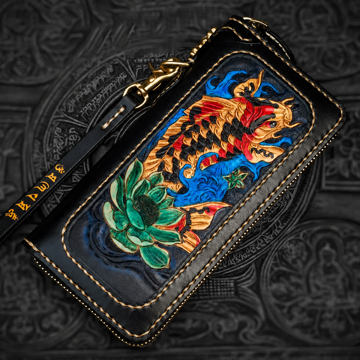 Color Koi leather wallet with wrist strap