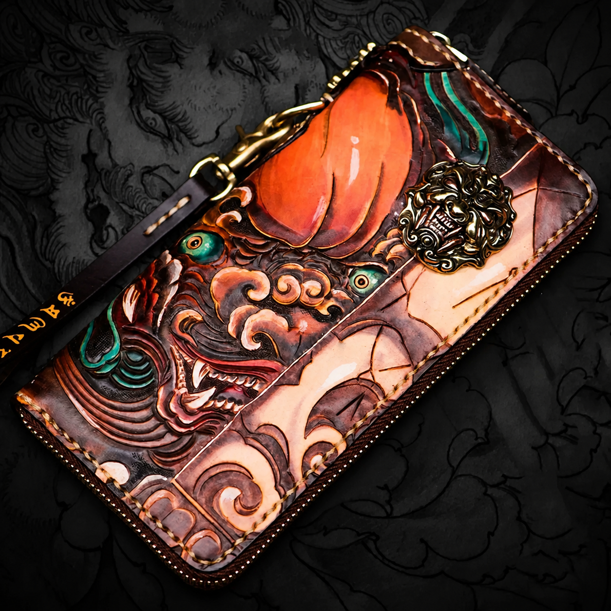 fortune lion leather biker long wallet front view