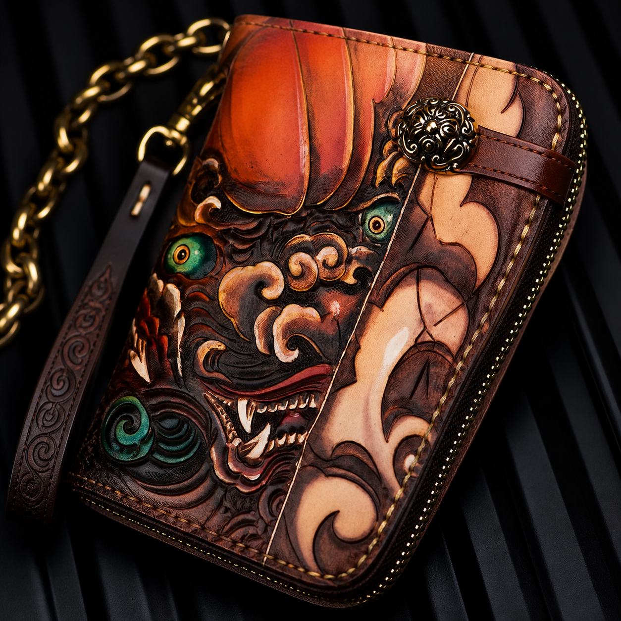 hand-tooled fortune lion leather detail