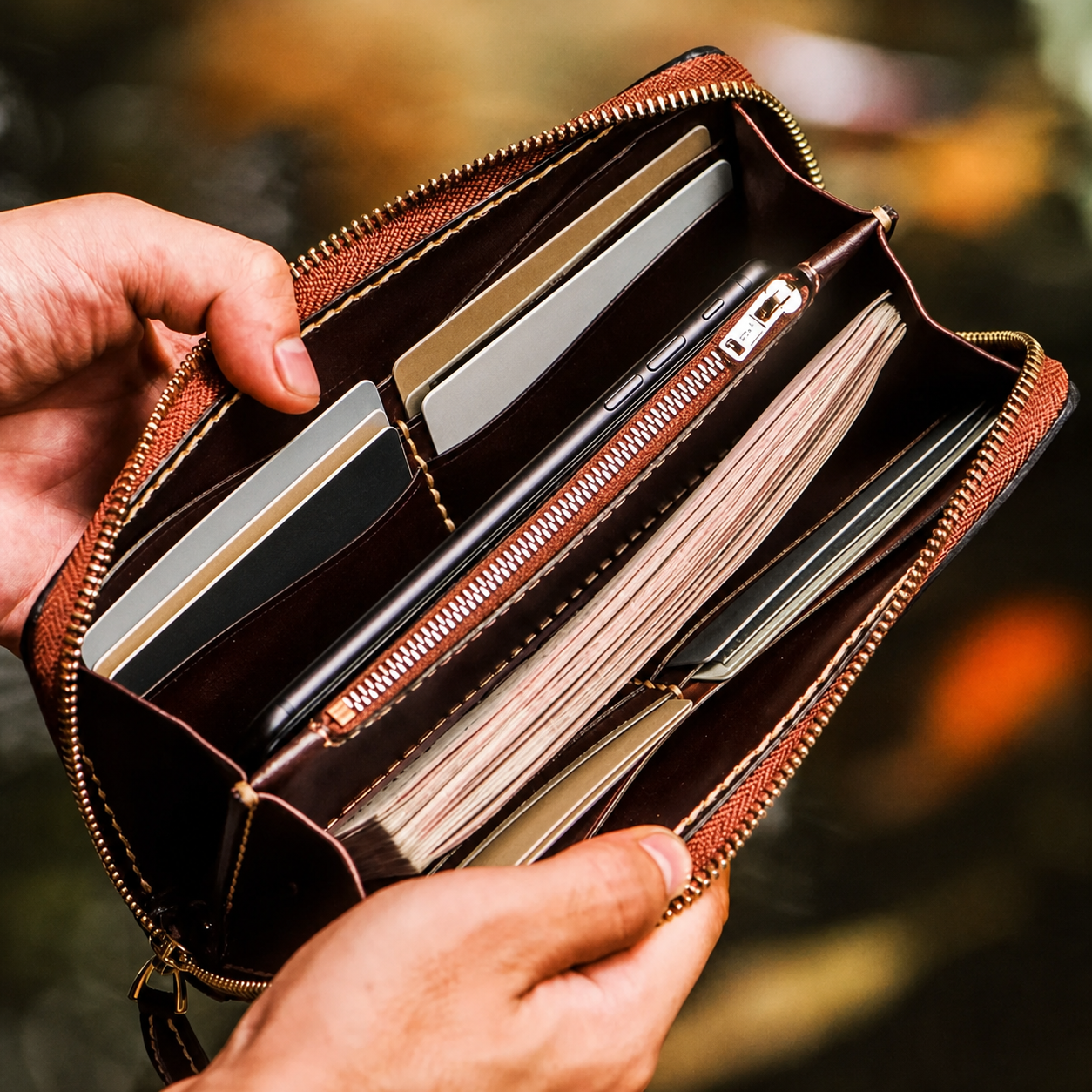 organized long wallet interior with unbranded demonstration cards