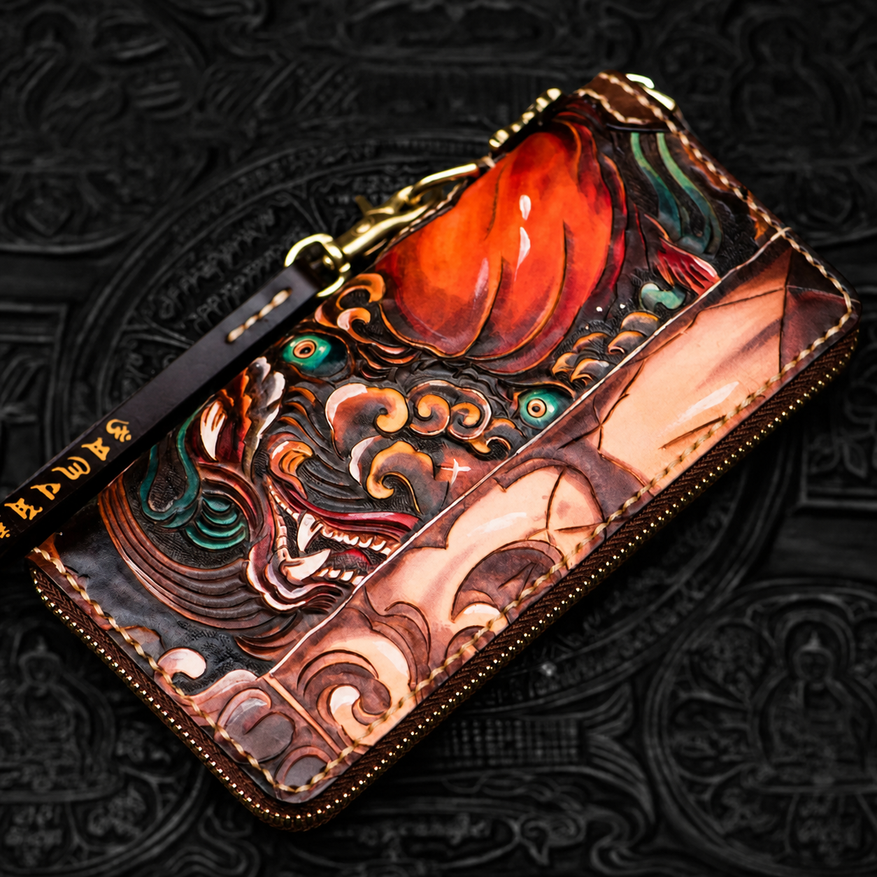 fortune lion leather biker long wallet with matching wrist strap