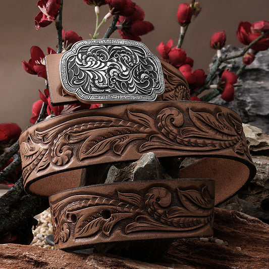 Fortune Rain Silver Tooled Leather Biker Belt — product view