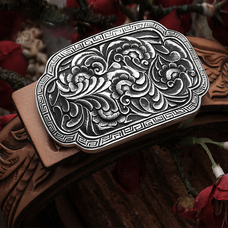 Fortune Rain Silver Tooled Leather Biker Belt — detail view 1