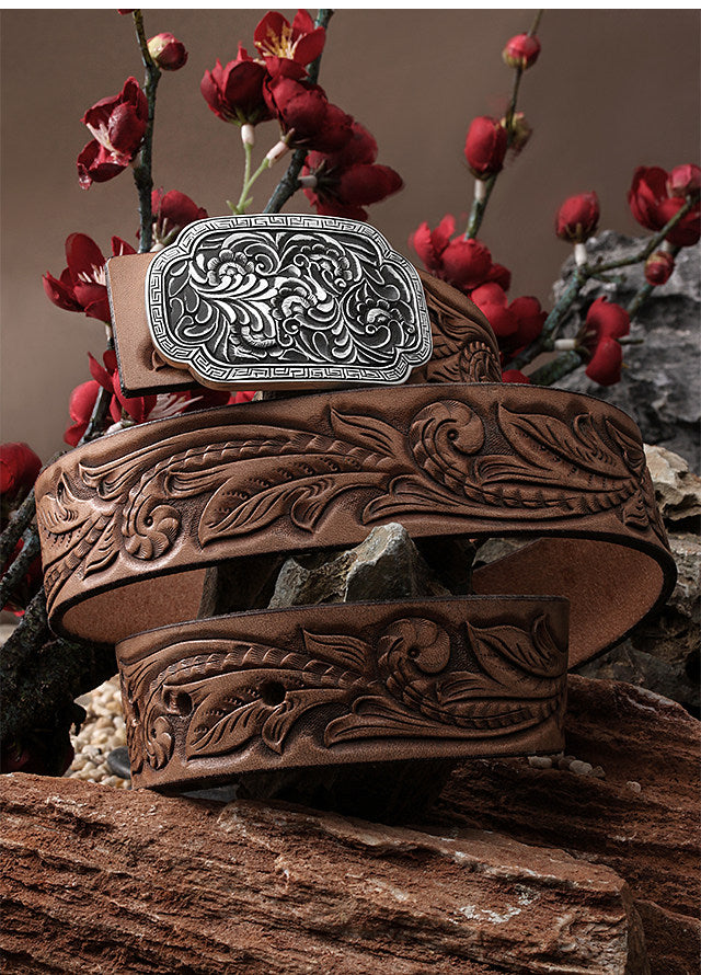 Fortune Rain Silver Tooled Leather Biker Belt — detail view 2