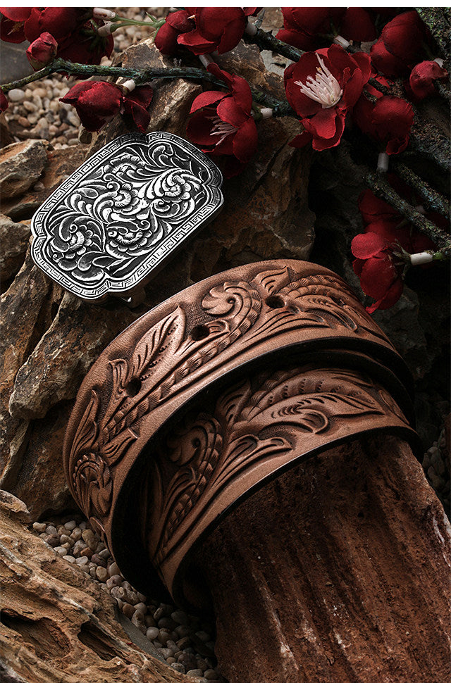 Fortune Rain Silver Tooled Leather Biker Belt — detail view 3