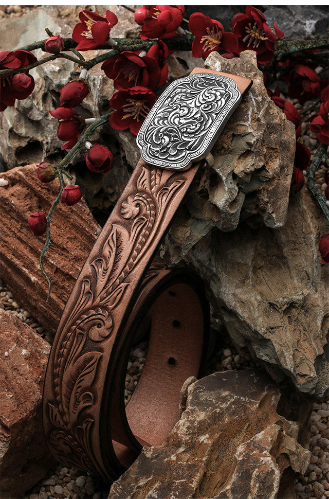 Fortune Rain Silver Tooled Leather Biker Belt — detail view 4