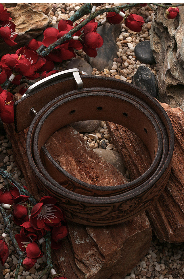Fortune Rain Silver Tooled Leather Biker Belt — detail view 5