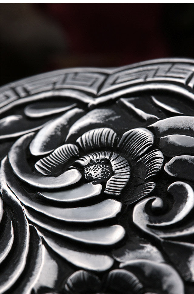 Fortune Rain Silver Tooled Leather Biker Belt — detail view 9