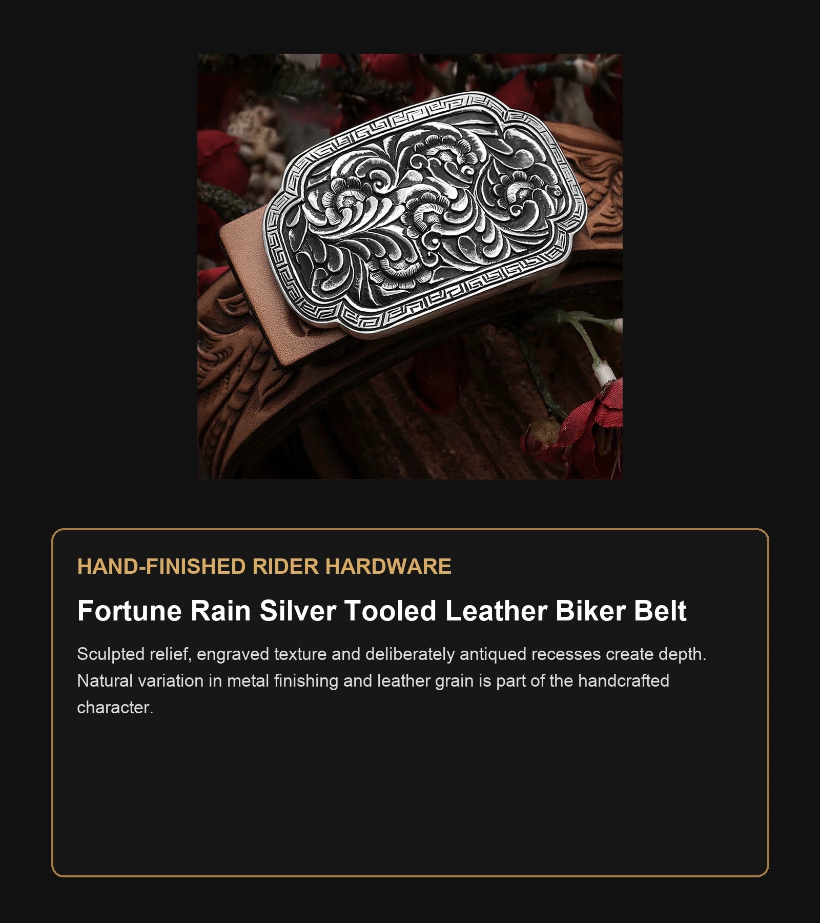 Fortune Rain Silver Tooled Leather Biker Belt craftsmanship guide in English