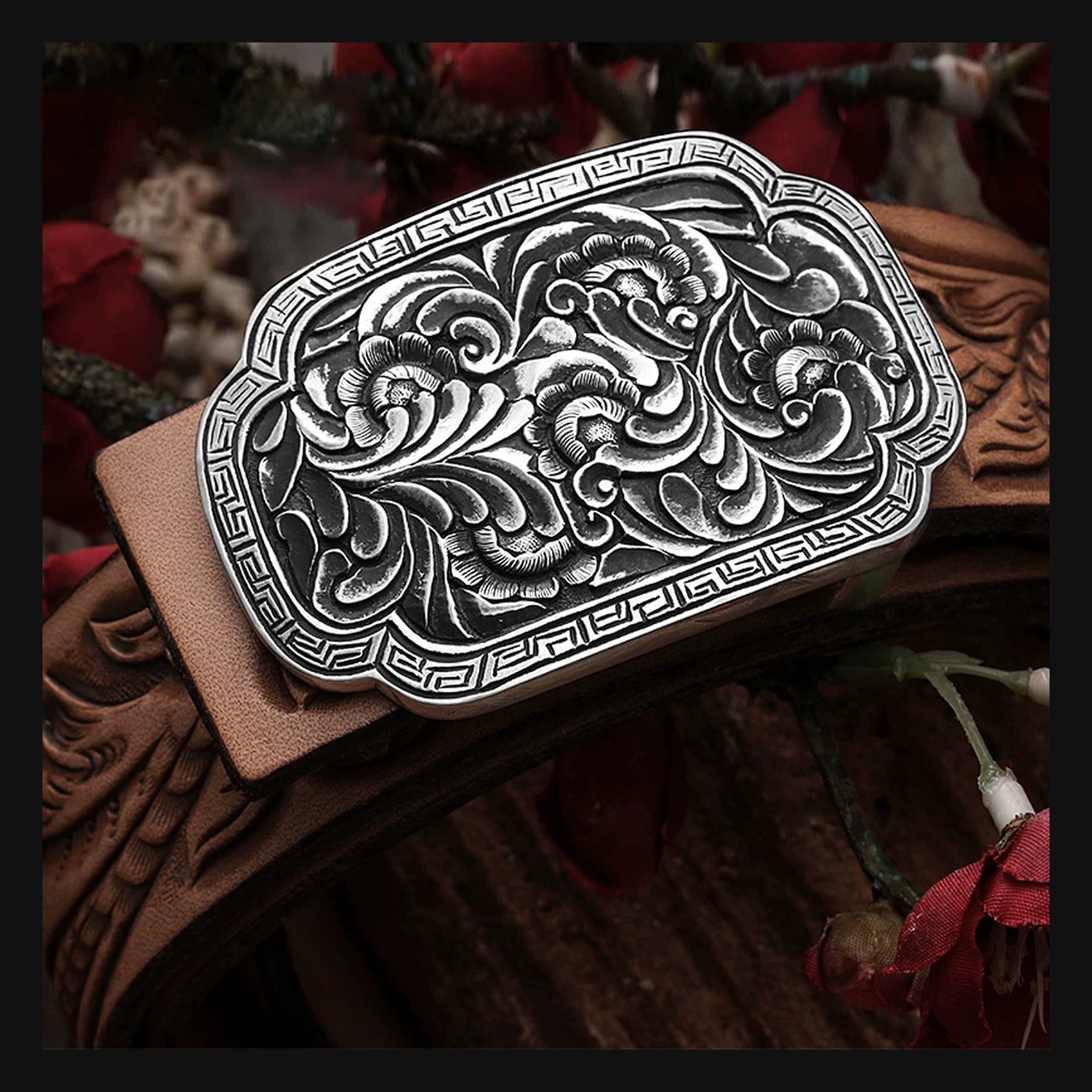 Fortune Rain Silver Tooled Leather Biker Belt product view