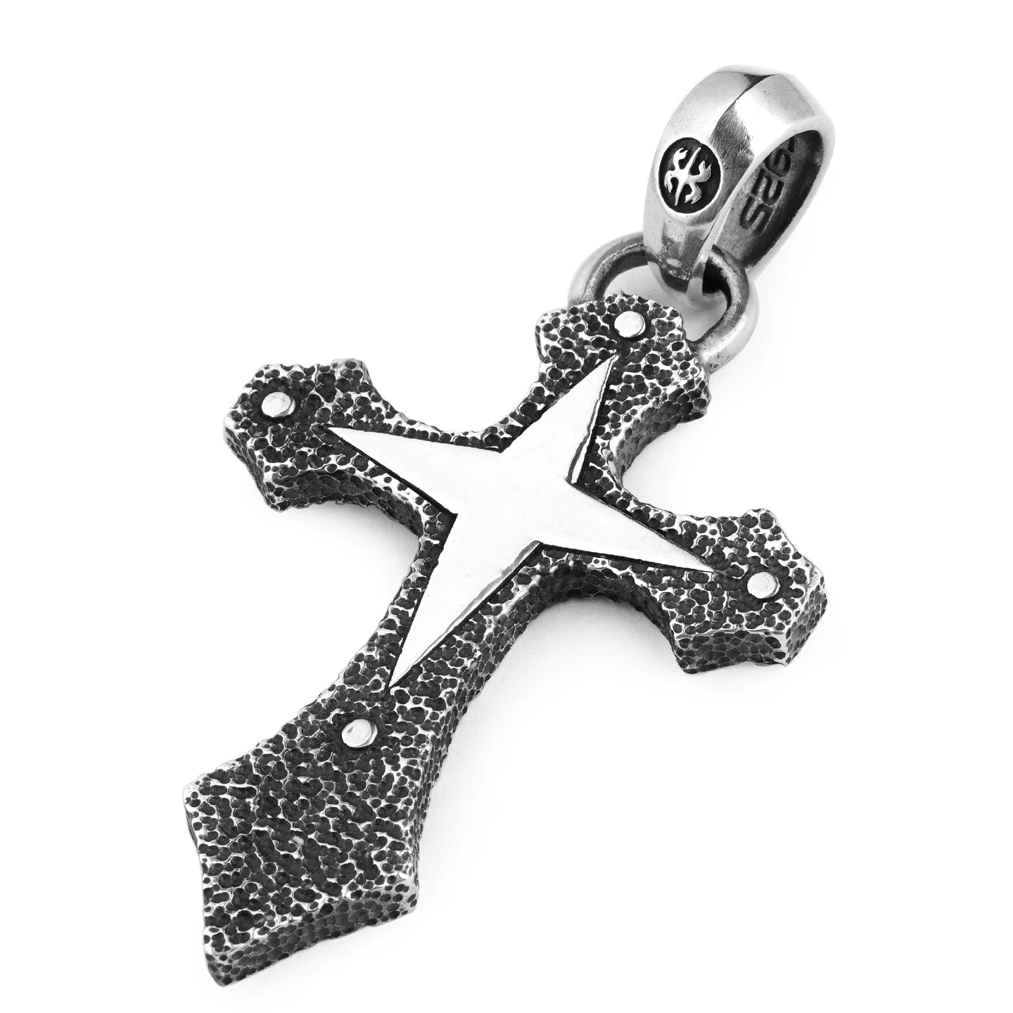Angled view of textured four-point star cross silver pendant