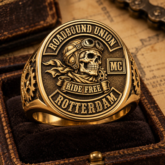 Founder Rings designed from an authorized motorcycle club emblem in Solid 18K Gold natural metal tones.