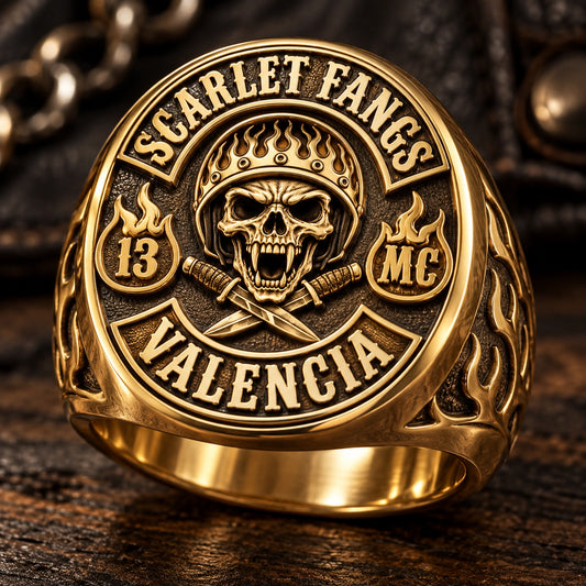 Founding Member Rings designed from an authorized motorcycle club emblem in Solid 18K Gold natural metal tones.