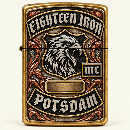 Motorcycle club lighter with authorized emblem and sculpted founding year