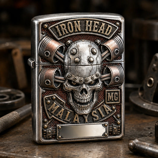 Motorcycle club lighter with authorized emblem and sculpted founding year
