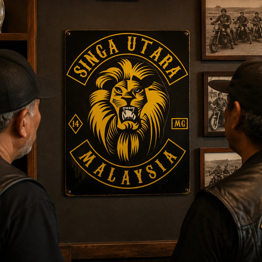 Motorcycle club founding-year metal sign displayed beside chapter history photographs.
