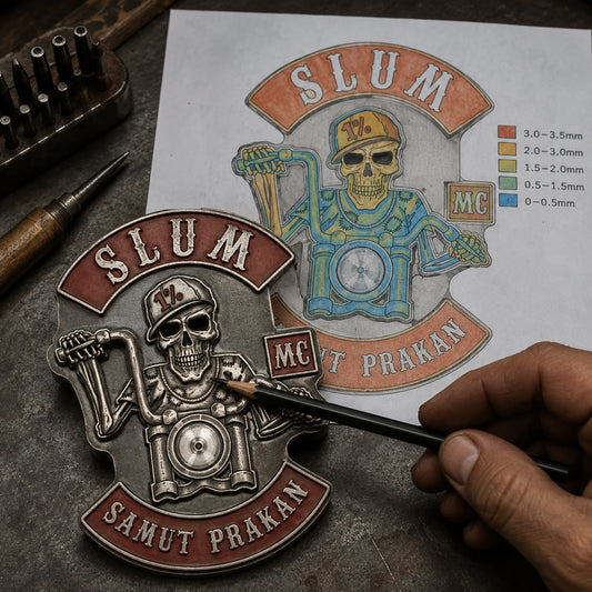 3D motorcycle club color pin design proof beside finished metal pin