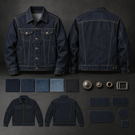 Custom denim jacket design plan showing garment, wash and unmarked placement options.