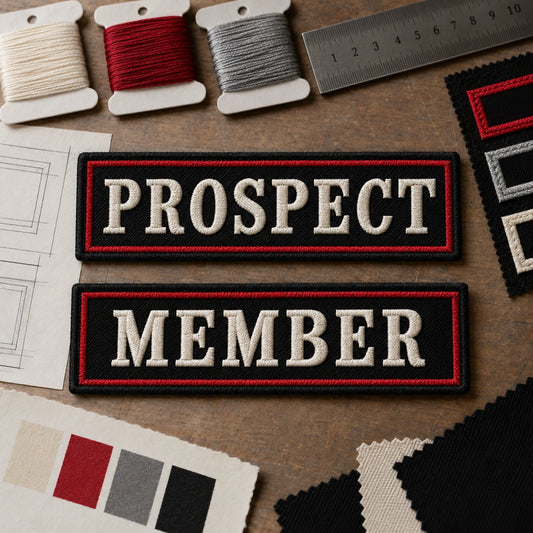 Free design and matching shown as a custom motorcycle club membership patch product.
