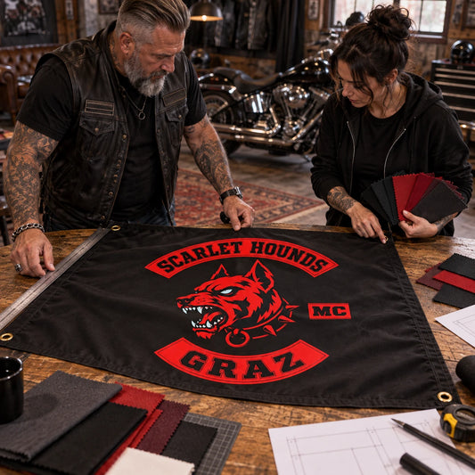 Motorcycle club members use a custom rectangular flag for receive free design support in a realistic American V-twin setting.