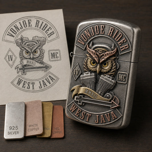 Designer developing a logo-derived multi-metal motorcycle club lighter concept