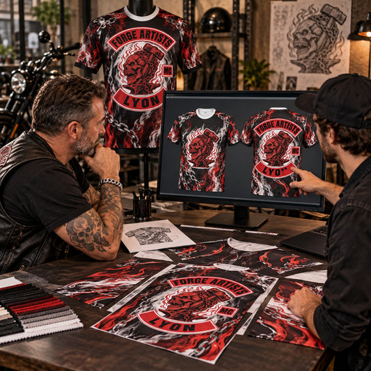 Designer preparing a full-coverage motorcycle club performance shirt layout from approved Forge Artists Lyon artwork.