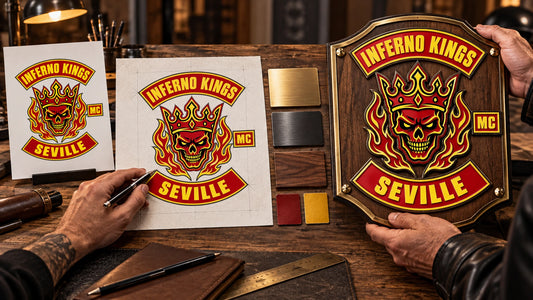 Approved motorcycle club logo, free design proof and finished custom plaque.