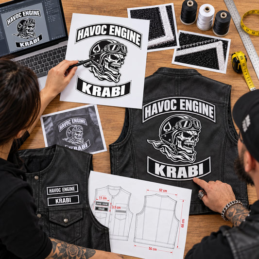 Shape border thread and vest measurement plan for a motorcycle club, shown at collaborative proofing table.