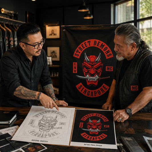A designer shows a mature rider how club artwork becomes a finished custom hanging flag proof.