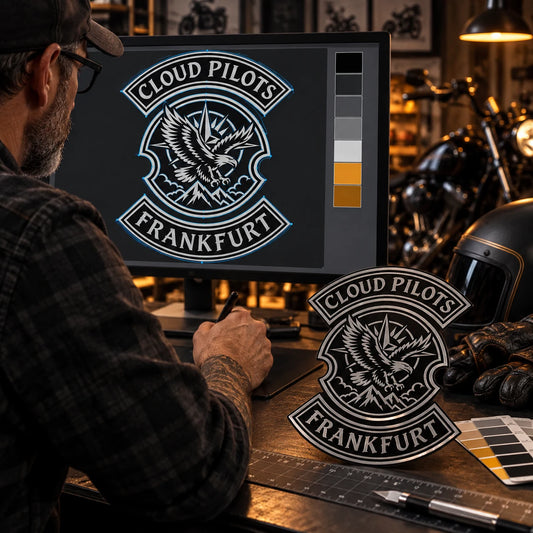 Prepress designer preparing an authorized motorcycle club logo for a professional contour-cut sticker.