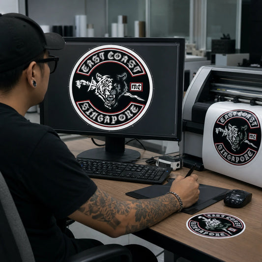 Prepress designer preparing an authorized motorcycle club logo for a professional contour-cut sticker.