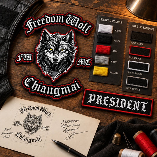 Motorcycle club officer patch design matched to approved colors and lettering.