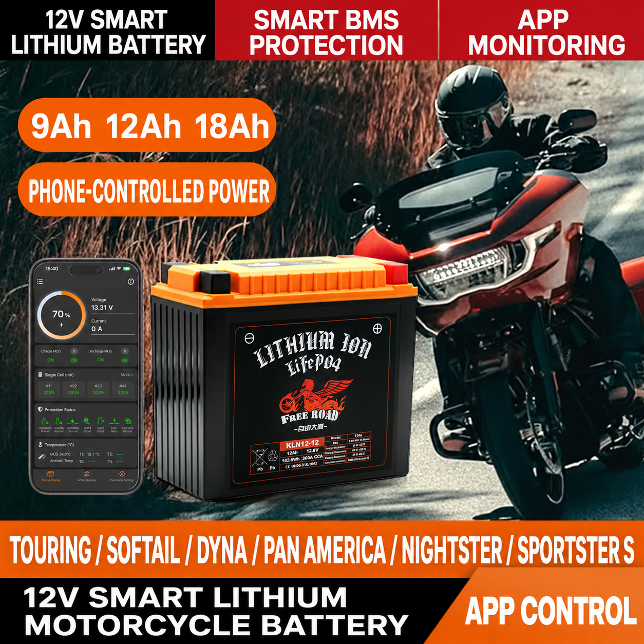 Free Road 12V smart lithium motorcycle battery for Harley-Davidson