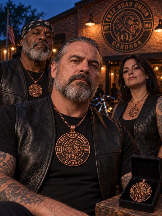 Motorcycle club riders wearing Free Road Union pure copper pendants at a chapter gathering.