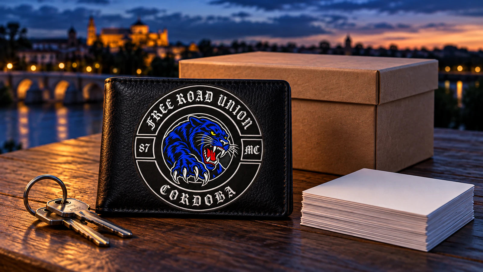 Cartera Free Road Union junto a una caja de archivo para cerrar el registro del motoclub tras el evento.