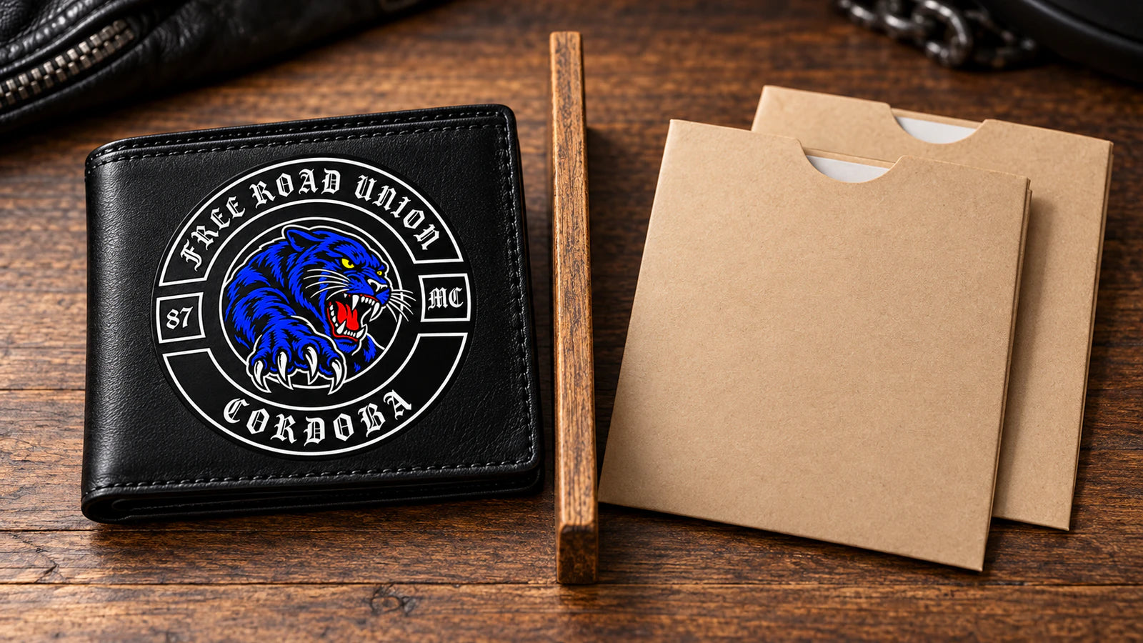 Cartera de motoclub Free Road Union separada de dos fundas sin datos para proteger información privada.