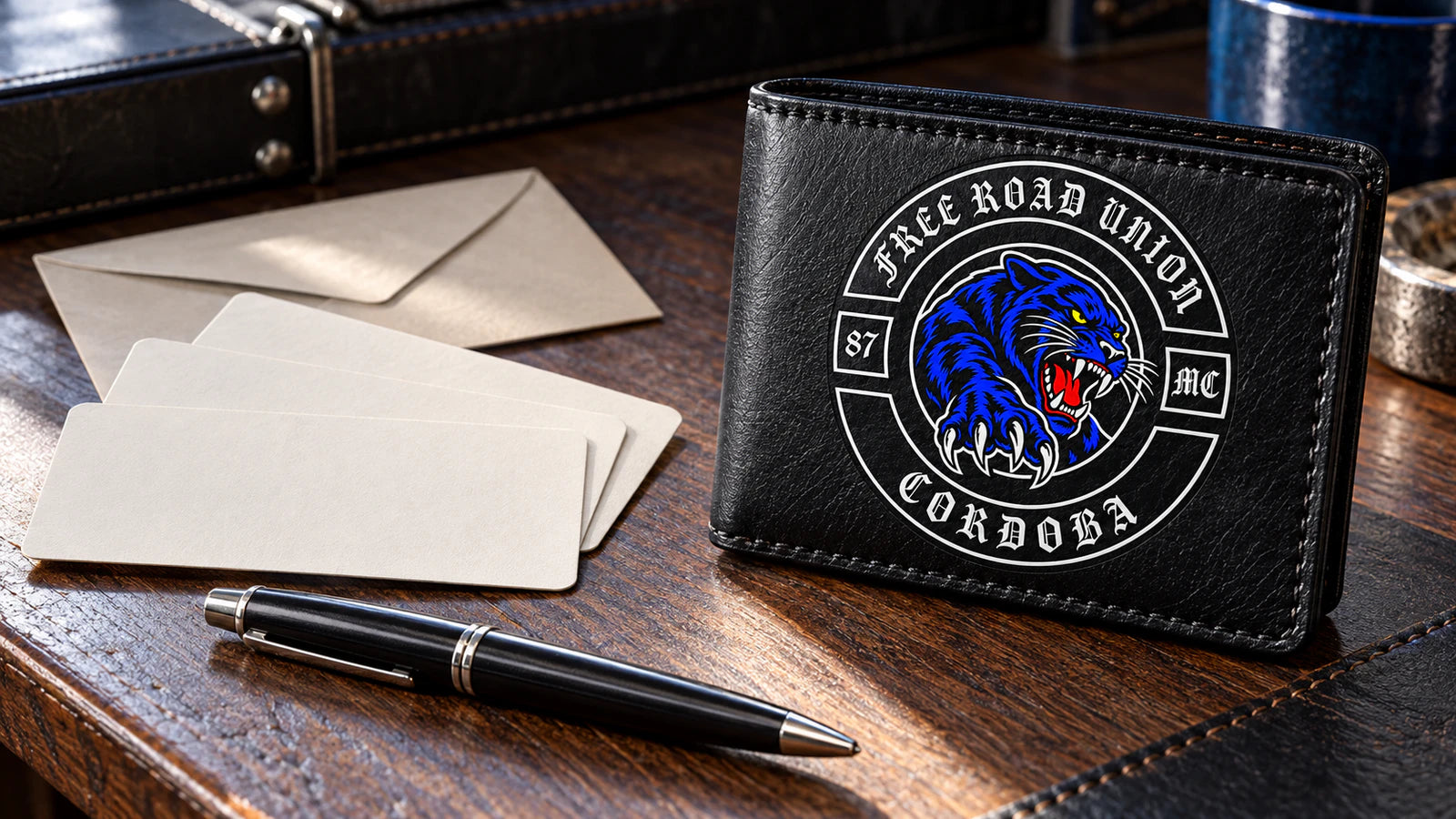 Cartera de club de motociclistas Free Road Union junto a tarjetas sin datos personales para registrar la inscripción verificada.