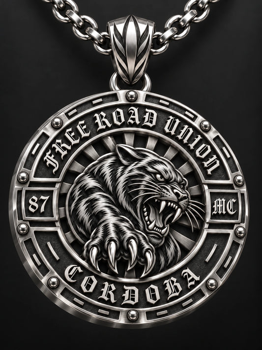 Stainless steel Free Road Union motorcycle club pendant with polished edges, brushed surfaces and a complete chain.