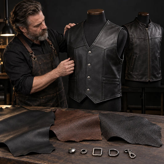 Custom motorcycle club vest specification reviewed with leather and hardware samples.