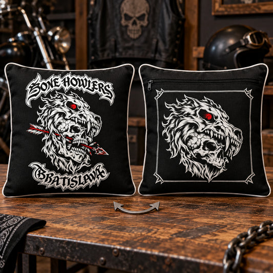 Front and back views of a two-sided custom motorcycle club cushion.