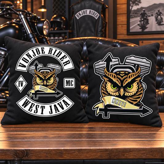Front and back views of a two-sided custom motorcycle club cushion.