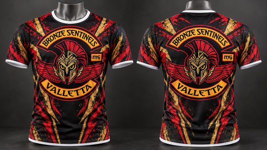 Front and back views of a custom sublimated motorcycle club performance T-shirt.