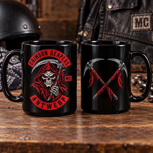 Two complete angled views of the same black mug: club emblem on the front view and a coordinated emblem element on the reverse view.