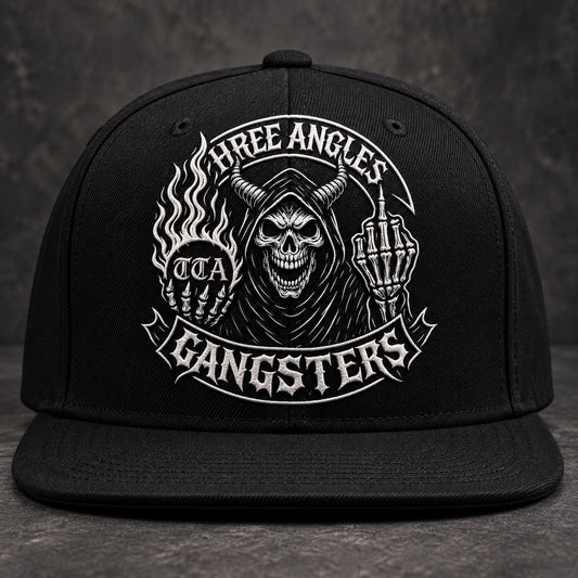 Black motorcycle club flat-brim cap with a large embroidered club emblem centered on the front panel.