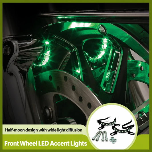 Harley front wheel LED accent lights glowing green around the brake rotor