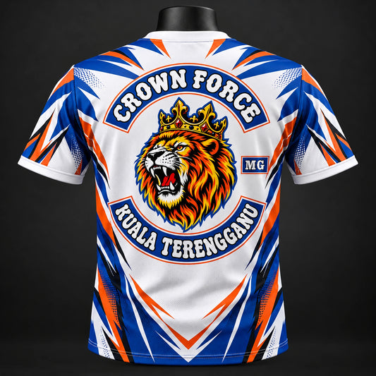 Back view of a blue, orange and white full-print motorcycle club performance T-shirt.