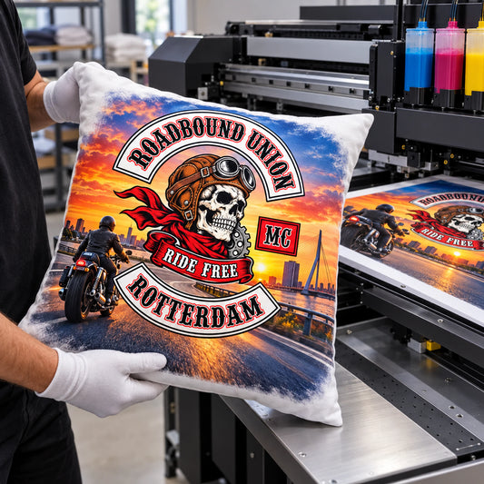 Detailed full-color motorcycle club artwork printed on a custom pillow.