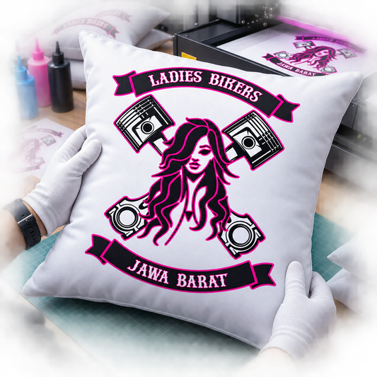 Detailed full-color motorcycle club artwork printed on a custom pillow.