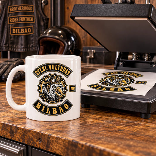 Complete coated ceramic mug beside an open professional heat press, vivid full-color club emblem already transferred and clearly visible, no operators.